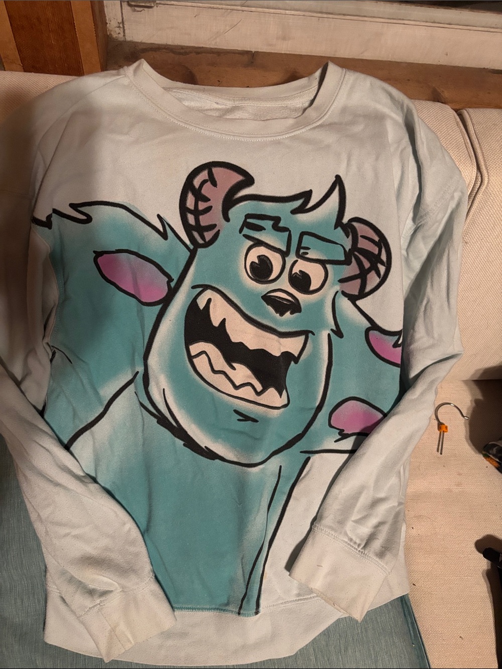 Women's Light Blue Monster Graphic Long-Sleeve Crew Sweatshirt- L